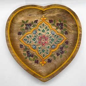 Jaipur in Bloom Wooden Hand Painted Floral Heart Shaped Decorative Plate Dish
